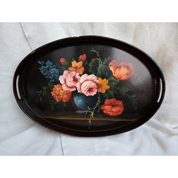 Handpainted Vintage Floral Tray Moody Dark Still Life Roses Tulips - Picture 1 of 10